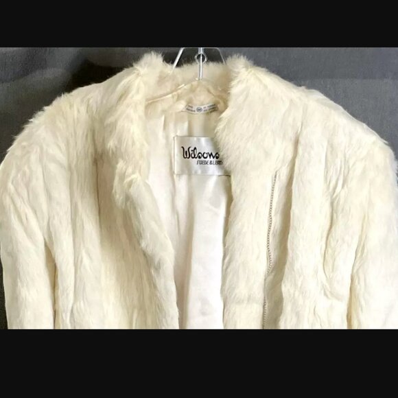 VTG Wilsons Mobwife Cropped Bleached Rabbit Fur Full Zip White Bomber Jacket M - Picture 2 of 9